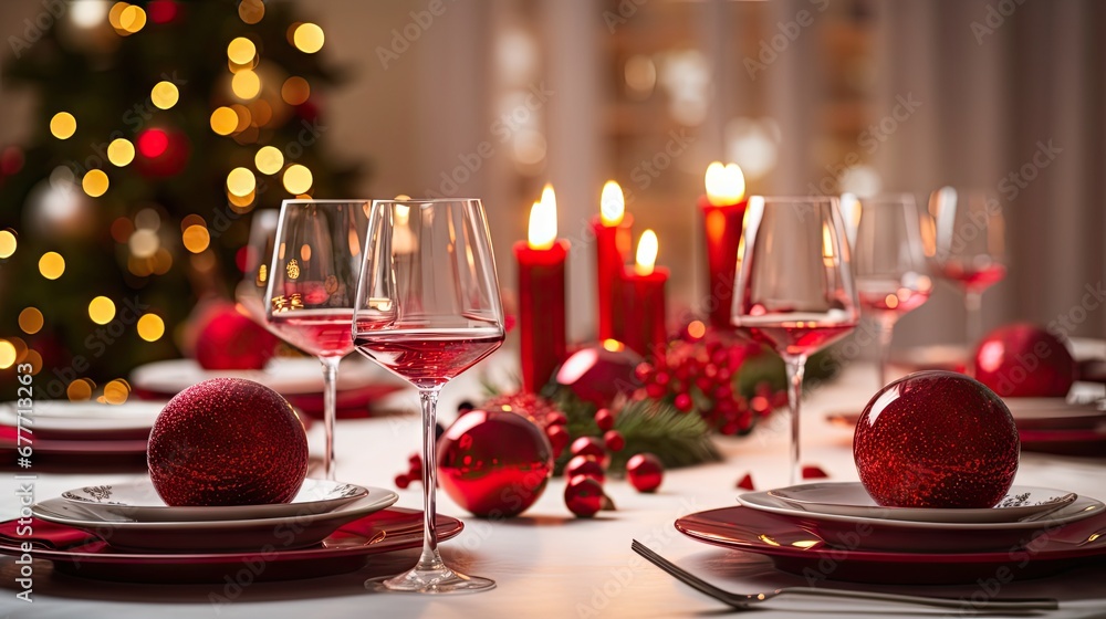 Poster a table set for a holiday dinner with a christmas tree in the background and a lit candle in the cen