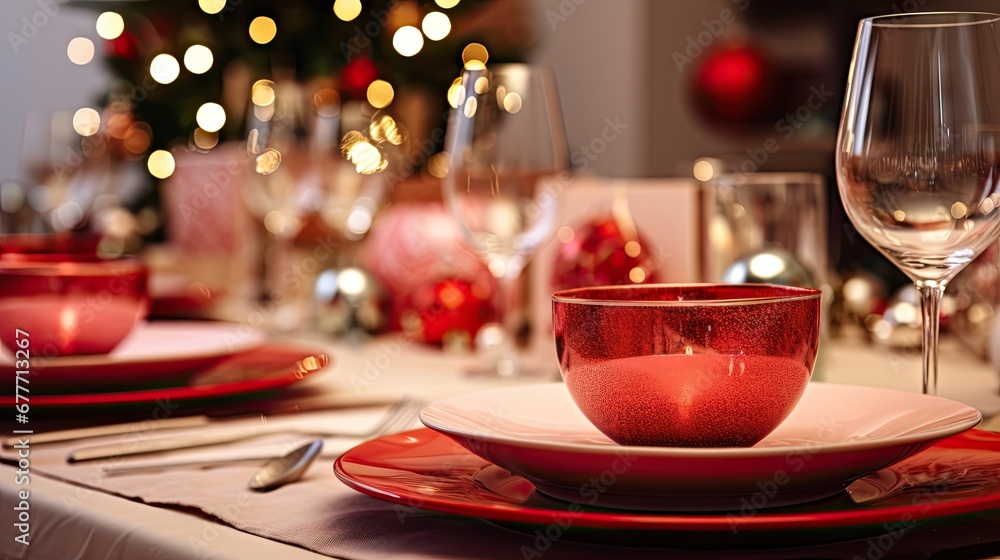 Poster a close up of a plate with a cup and saucer on a table with a christmas tree in the background and a