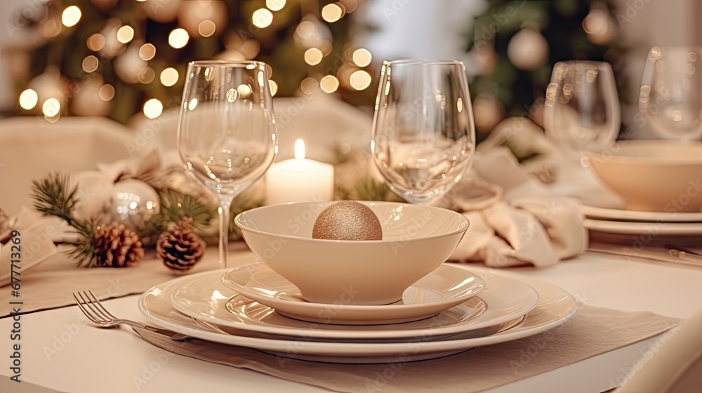Aufkleber a table set for a holiday dinner with a lit christmas tree in the background and a lit candle in a b