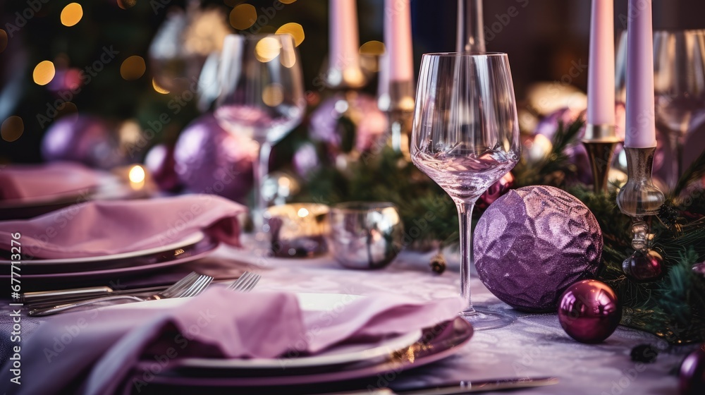 Poster a close up of a table with a wine glass and a christmas ornament in the center of the table with can