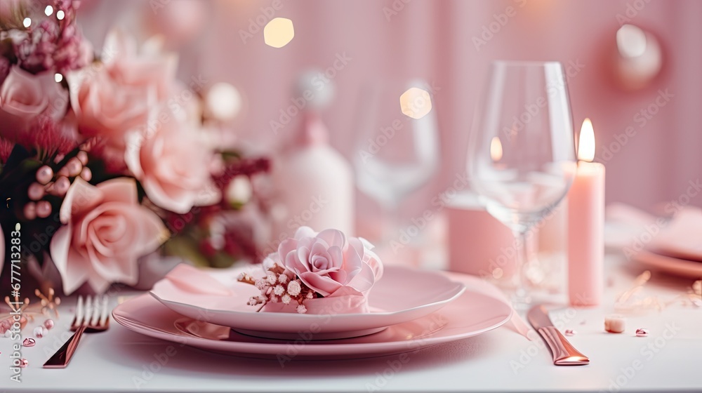 Poster a close up of a plate on a table with a vase of flowers in the background and candles in the middle 