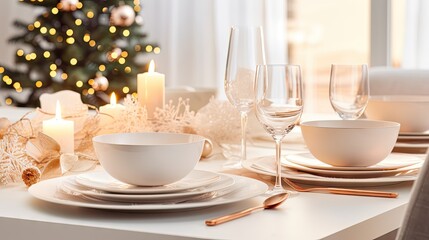 Fototapeta na wymiar a table set for a christmas dinner with a lit christmas tree in the background and a lit candle in the center of the table with a white bowl and gold rim. generative ai