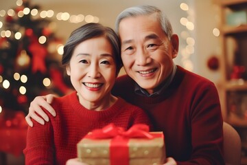 Fototapeta na wymiar Portrait of old senior Asian couple holding wrapped gift presents wear red warm sweaters on christmas eve