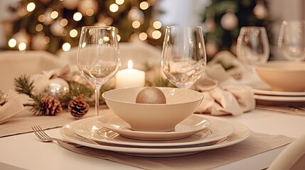  a table set for a holiday dinner with a lit christmas tree in the background and a lit candle in a bowl in the center of the center of the table.  generative ai