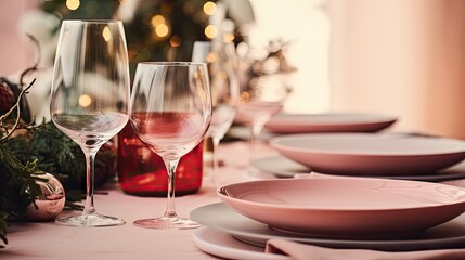  a table set for a christmas dinner with pink plates and wine glasses and a christmas tree with lights in the background and a pink table cloth with pink plates and silverware.  generative ai