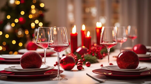  a table set for a holiday dinner with a christmas tree in the background and a lit candle in the center of the table with a red ornament on it.  generative ai