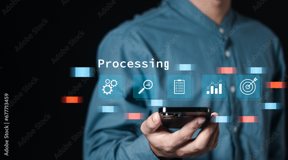 Poster businessman use smartphone with operations management icons for business process and workflow, effec