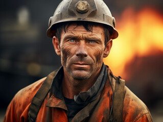 Fototapeta premium A Outlandish Energy Man in Worker Safety Uniform with Dirty Dust, Mud, Sweat on Face