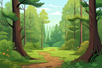 Forest landscape with trees and grass in cartoon style. Vector illustration.