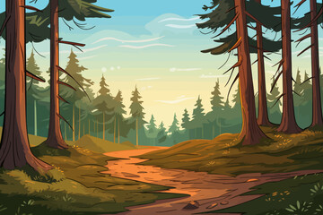 Forest landscape with road and trees in cartoon style. Vector illustration.
