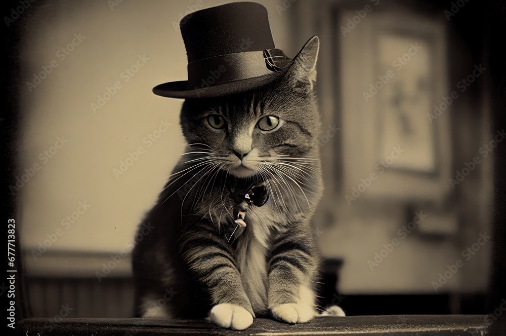 Poster dapper feline in a classy top hat posing gracefully on a table generative ai