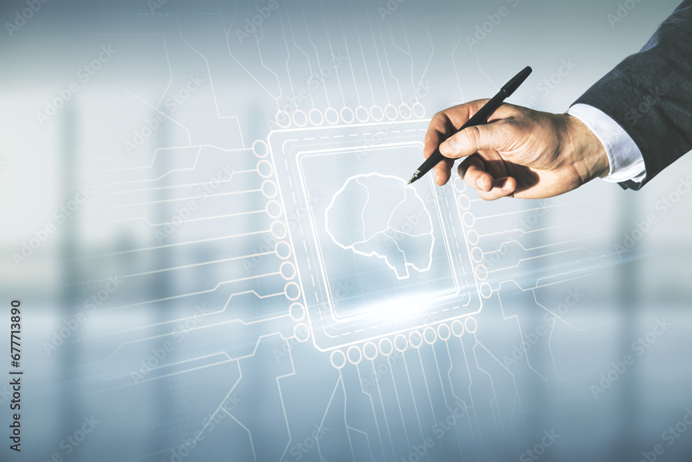 Aufkleber double exposure of man hand with pen working with creative artificial intelligence interface on blur