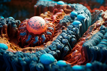 endometrium with with egg close up, ovaries ovulation microbiological background with molecules and cells, organelles