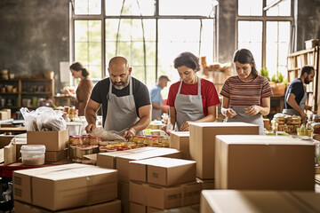 a group of volunteers put food in boxes