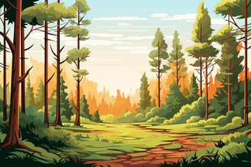 Forest landscape with trees and path. Vector illustration in cartoon style.