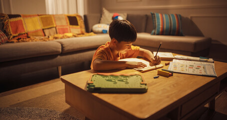 Portrait of a Cute Little Korean Boy Thinking and Writing in his Notebook in a Living Room During...