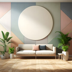 Interior of modern living room with white sofa and pattern wall, 3d render mockup background, generative ai