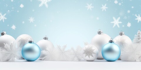 Crystal Winter Dreams, Christmas tree balls and snowflakes on blue background 