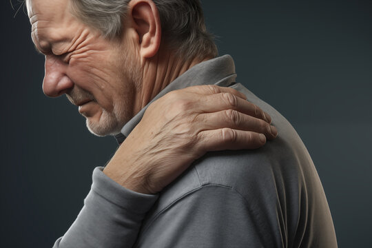 shoulder pain, middle-aged man holding his shoulder
