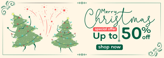 Sale Web Banner with Kawaii Doodle Christmas Tree Dancing. Children's handmade naive style. Simple New Year character. Happy spruce concept. Motivation to buy, discounts, promotions