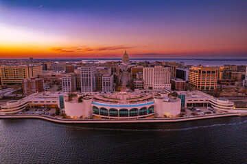 Madison Wisconsin Monona terrace Lake Monona drone image during sunset