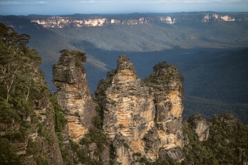 Landscape scene of Three Sisters walk Mountains National Park, Australia with blue sky