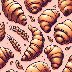Croissant seamless pattern on light pink background, Watercolor. Generative AI.
