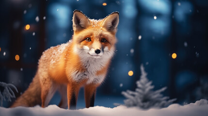 Portrait of Red fox in a winter night forest, snowy winter landscape. Poster, Baner high quality. Christmas lights. 