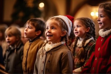 Children's Christmas choir in church. - obrazy, fototapety, plakaty