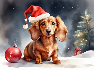 Red longhaired dachshund with red hat sitting in snow and trees in the dark, cute fluffy dog in Christmas with presents, watercolor effect