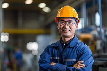 A Japanese worker in blue work overalls, helmet and safety glasses, smiling in a factory - obrazy, fototapety, plakaty