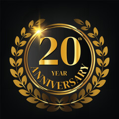 20th year golden anniversary logo,with Laurel Wreath and gold ribbon Vector Illustration