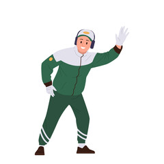 Pit stop worker cartoon character in team uniform waving hand gesturing for driver of racing car