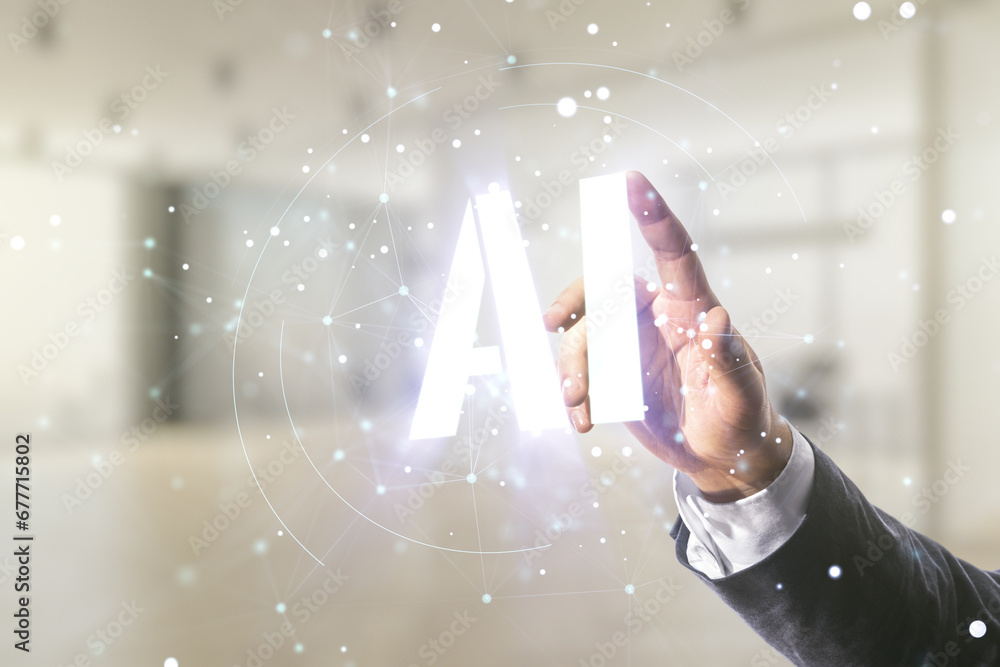 Poster man hand working with abstract virtual artificial intelligence symbol hologram on blurred office bac