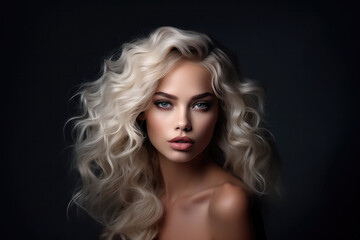 Young woman with white blonde curls and smoky eyes. Cosmetics, beauty and hair styling