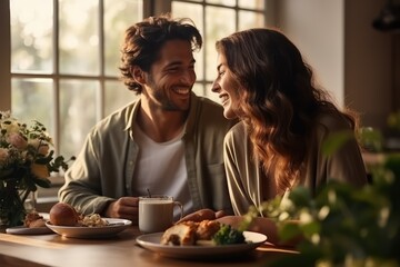 Romantic date. Young woman and man, happy loving couple spending good time together, smiling, having dinner in cafe together