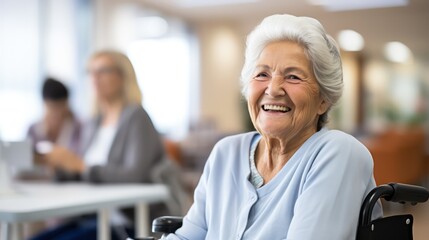 Happy smiling senior woman in wheelchair living in nursing home. Taking care after senior people, medical care and support - obrazy, fototapety, plakaty