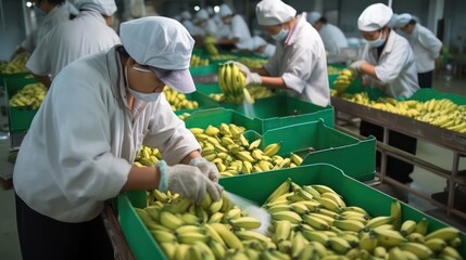 Fototapeta premium Employees, workers selecting bananas, checking condition and dividing into different boxes. Store food distribution. Quality check