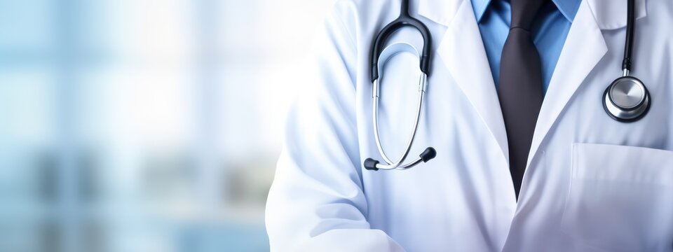 Cropped image of doctor in medical gown and stethoscope in hospital. Unfocused background. Medicine