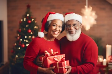 Fototapeta na wymiar Portrait of old senior african american couple holding wrapped gift presents wear red warm sweaters on christmas