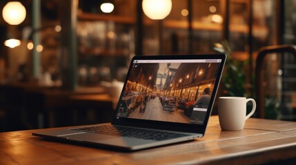 Coffee Shop Cafe Laptop Video Conference Webinar Technology Concept 4k. - obrazy, fototapety, plakaty