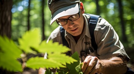Fototapeta premium Forester examining leaves, close-up shot of a forestry professional holding and examining a leaf, capturing their attention to detail and dedication to forest health.