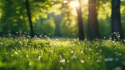 Defocused green trees in forest or park with wild grass and sun beams. Beautiful summer spring...