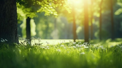 Defocused green trees in forest or park with wild grass and sun beams. Beautiful summer spring natural background.