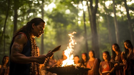 Indigenous ritual in the woods, intimate eye-level shot of an indigenous tribe performing a traditional ceremony amidst the forest, showcasing the deep bond and respect for nature.
