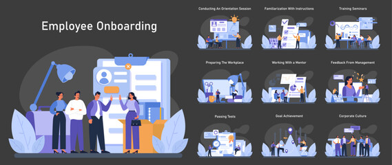 Employee Onboarding set. New hires journey from orientation to corporate culture. Conducting a session, training seminars, mentor guidance, and feedback. Flat vector illustration. - obrazy, fototapety, plakaty