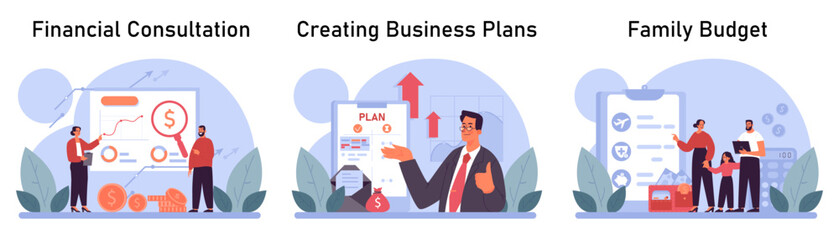 Financial planning set. Personal and family budget development, expense management. Investing money. Financial well-being. Flat vector illustration