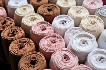 Multi-colored rolls of fabric. Production of organic cotton fabric, assortment of goods in a store, at a factory