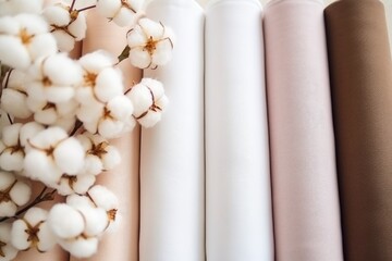 Stack of fabric in neutral pastel colors and a branch of organic cotton on a light background. Eco-friendly cotton fabric material for sewing, clothing making