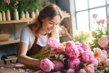 Beautiful young girl florist collects bouquet of flowers in her flower shop. Small business concept, flower delivery, holiday preparation, opening a flower workshop